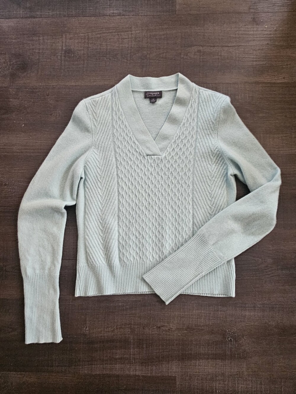 Classiques Entier Mint Sage Green 100% Cashmere Cable Knit V-Neck Sweater - Siz